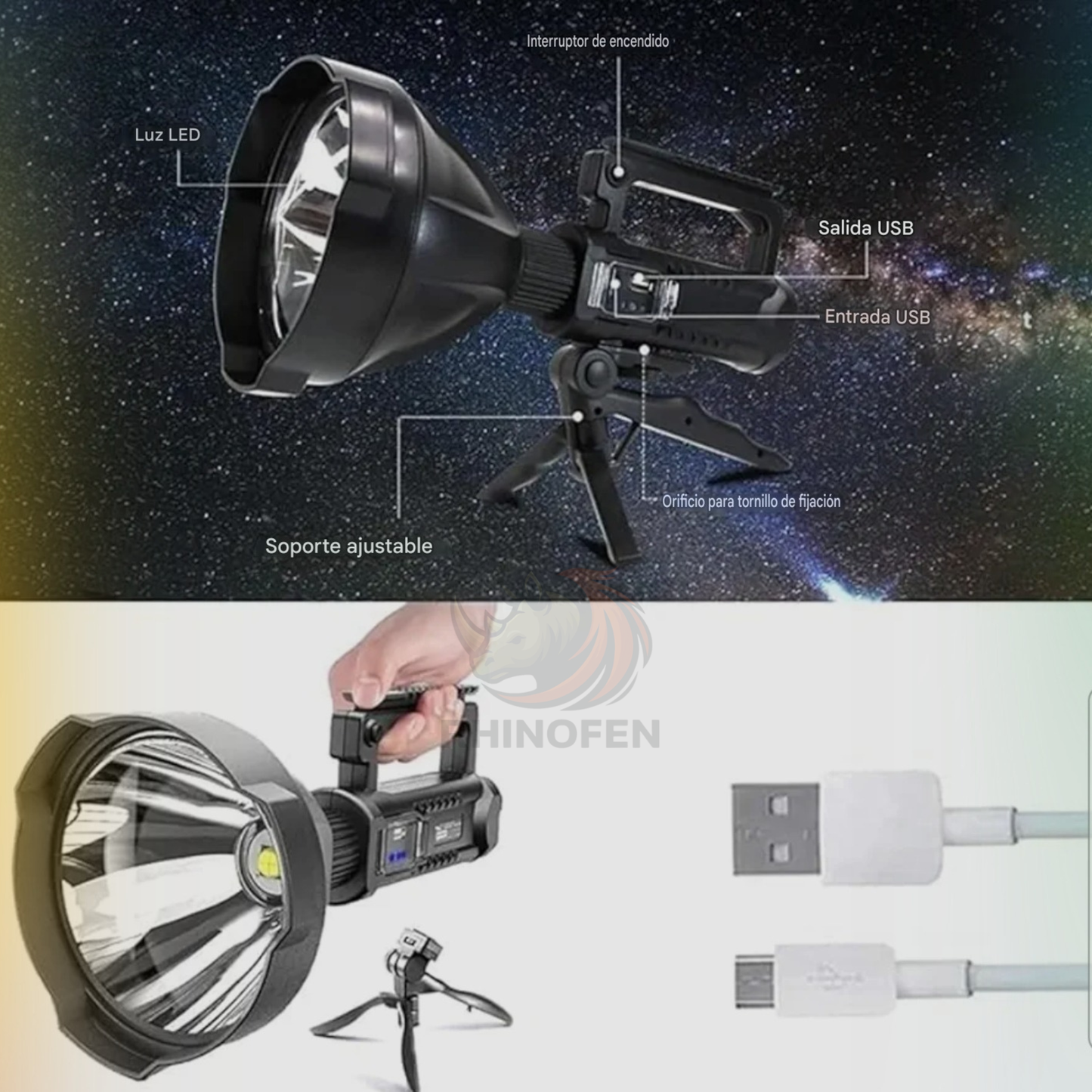 Linterna Led De Largo Alcance con Tripode / Cargador Emergencia