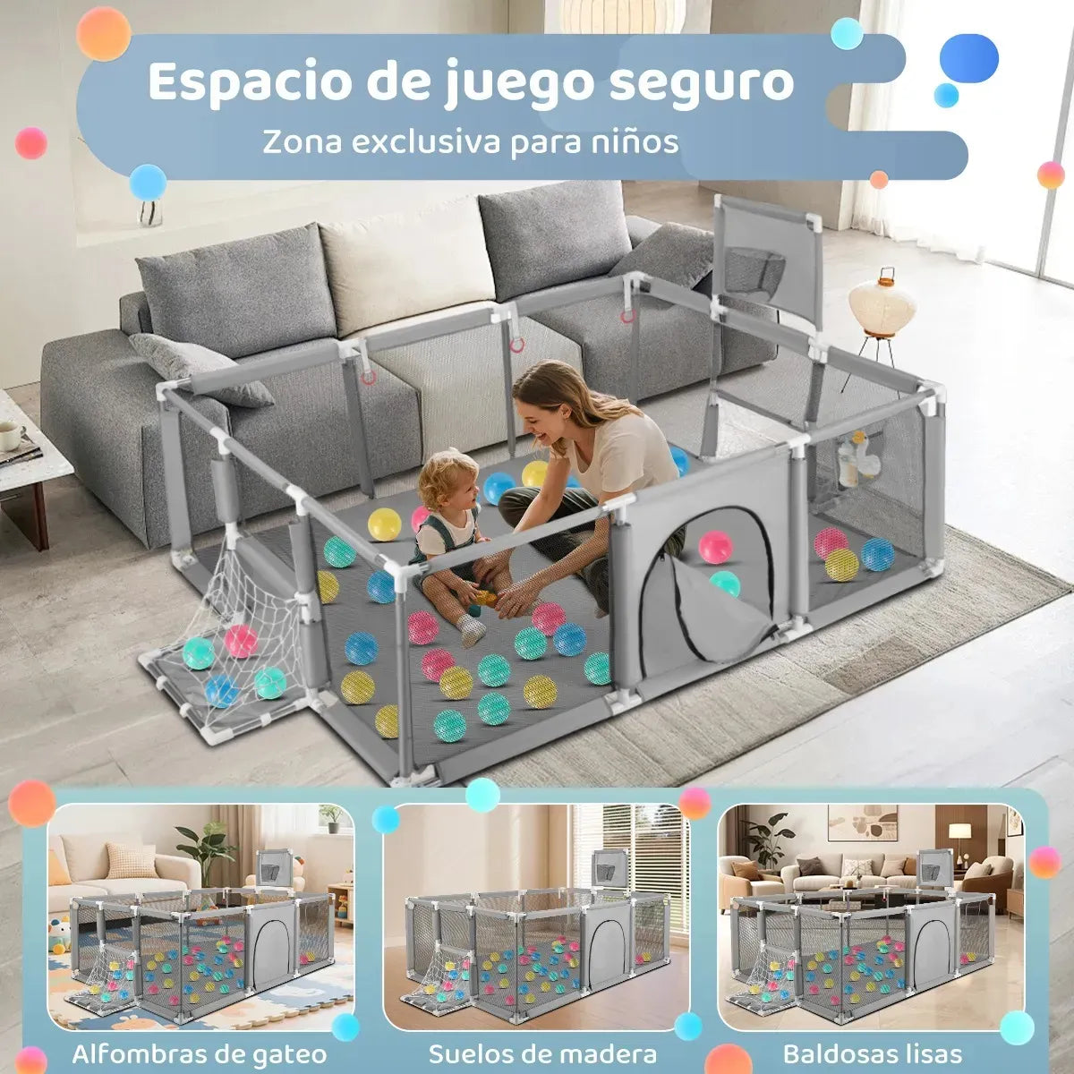 Corral Seguridad Bebes Con Aro De Basket 180cm Gris