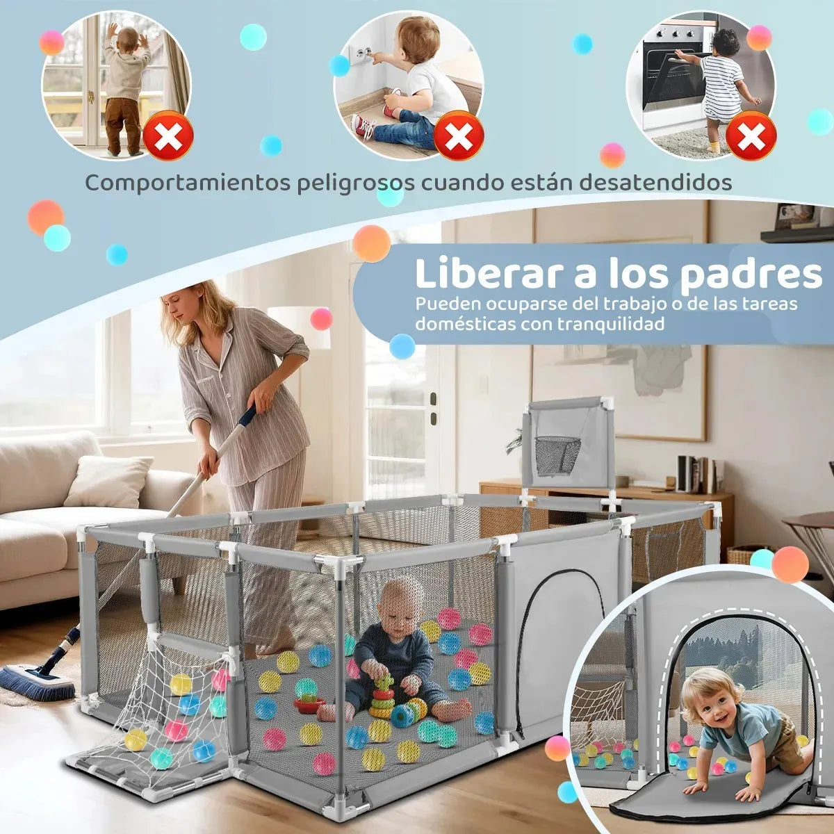 Corral Seguridad Bebes Con Aro De Basket 180cm Gris