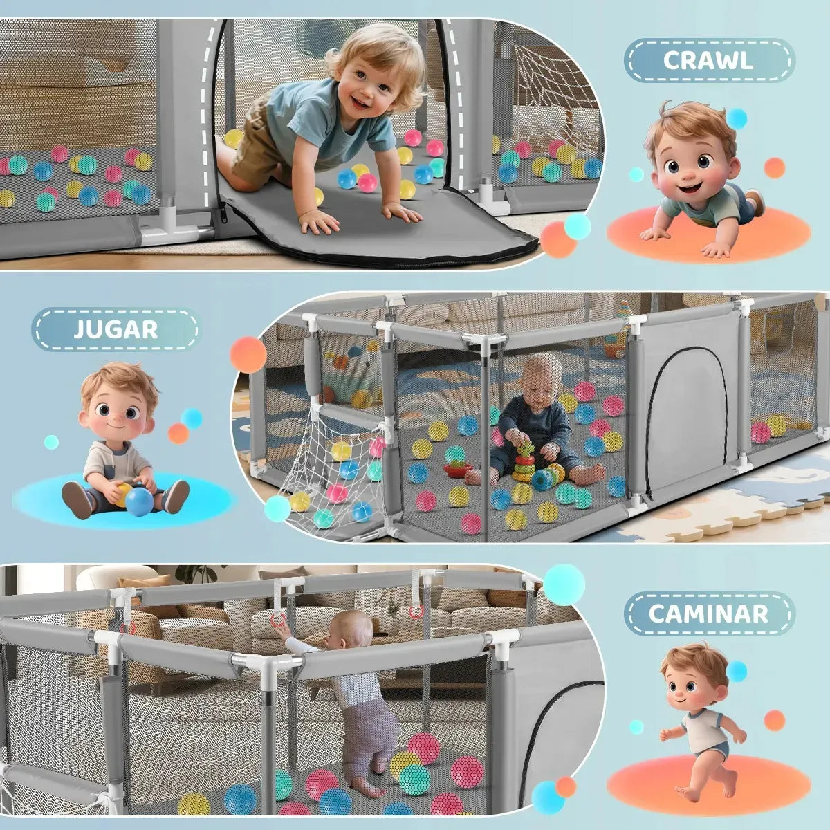 Corral Seguridad Bebes Con Aro De Basket 180cm Gris