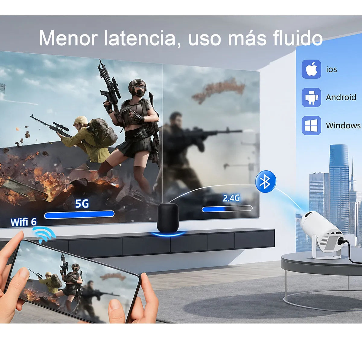 Proyector Cine Juegos Portátil 2 Mandos Android Tv Blanco