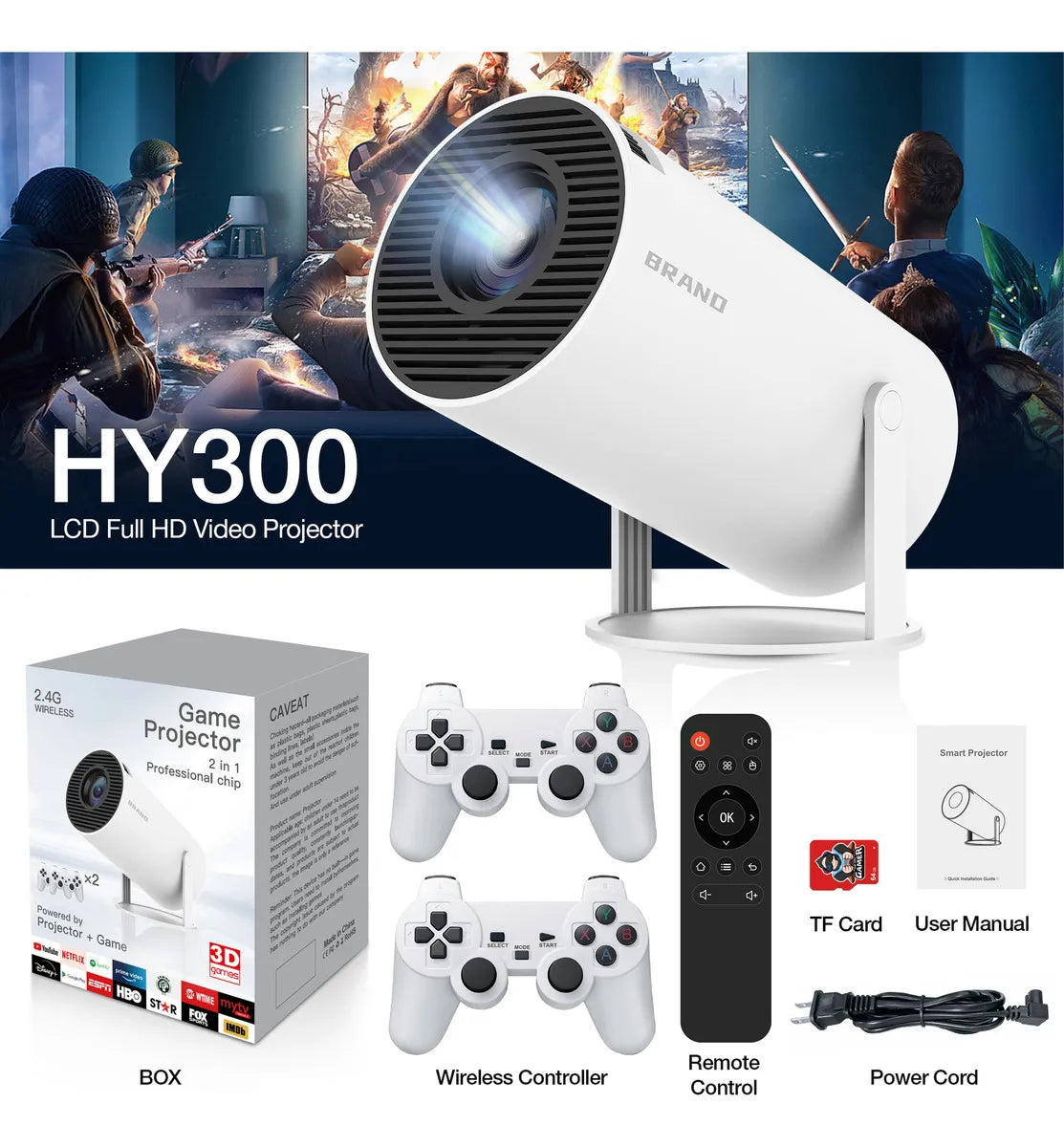 Proyector Cine Juegos Portátil 2 Mandos Android Tv Blanco