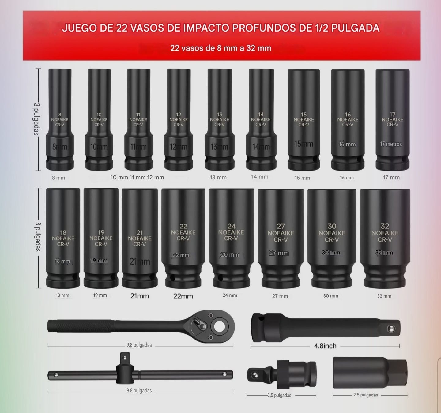 Kit Dados Impacto Largos Chicharra Llave Deslizante 22pcs Negro