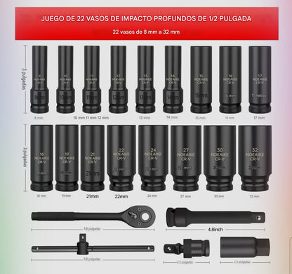 Kit Dados Impacto Largos Chicharra Llave Deslizante 22pcs Negro