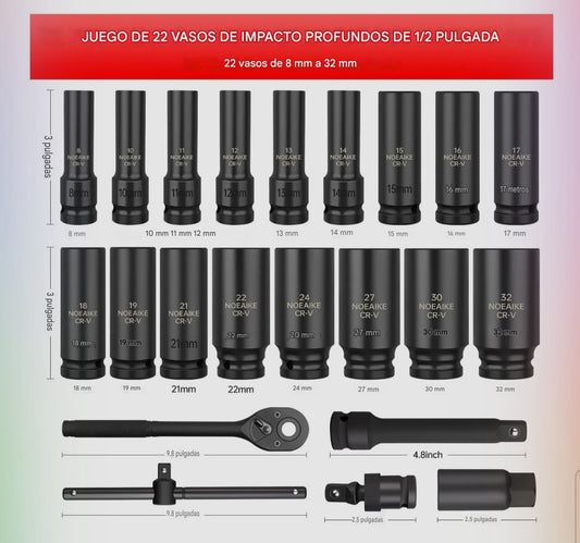 Kit Dados Impacto Largos Chicharra Llave Deslizante 22pcs Negro
