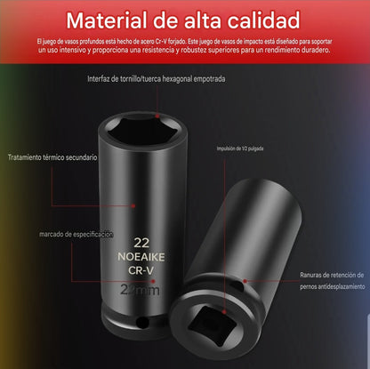 Kit Dados Impacto Largos Chicharra Llave Deslizante 22pcs Negro