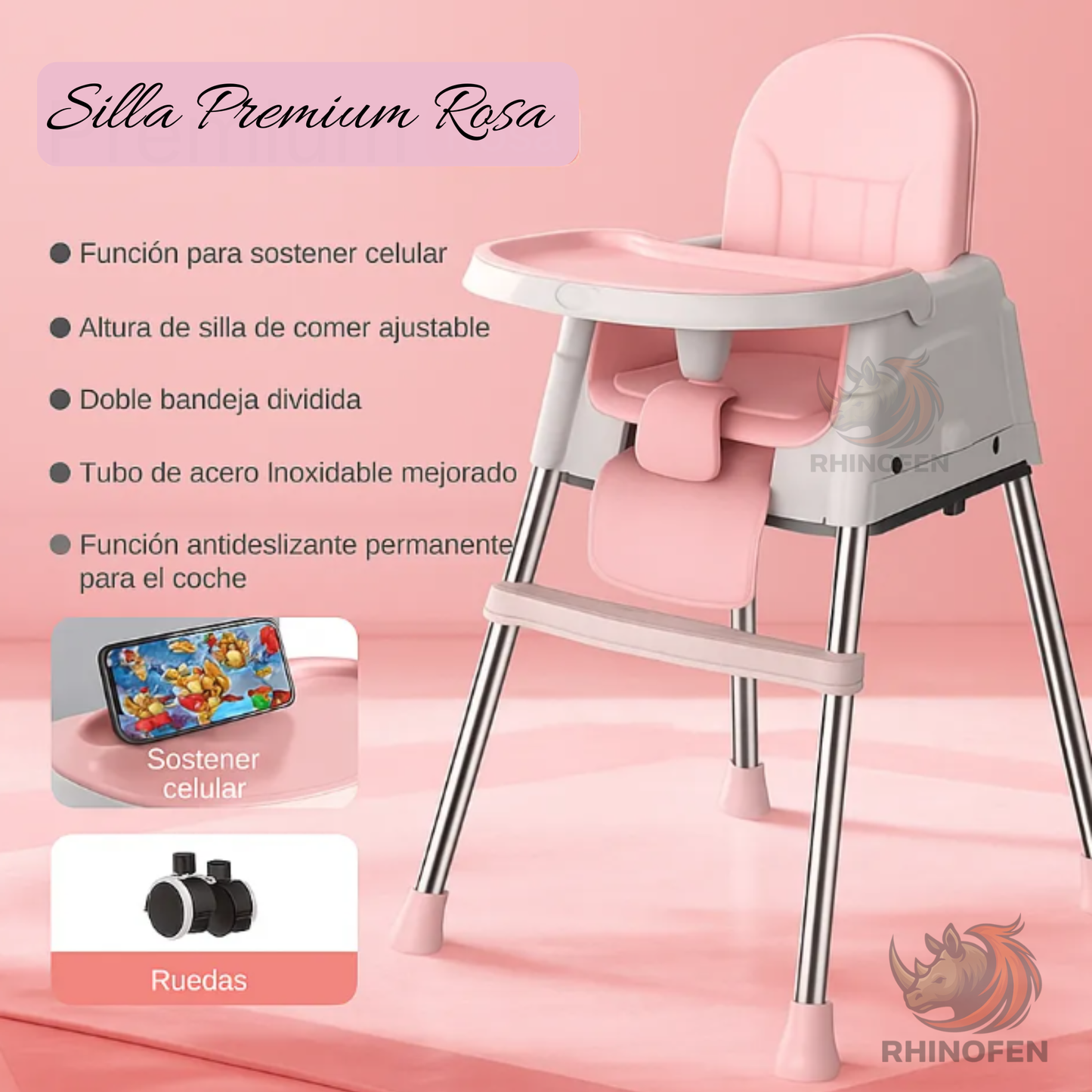 Silla para comer Multifuncional Altura ajustable rosa