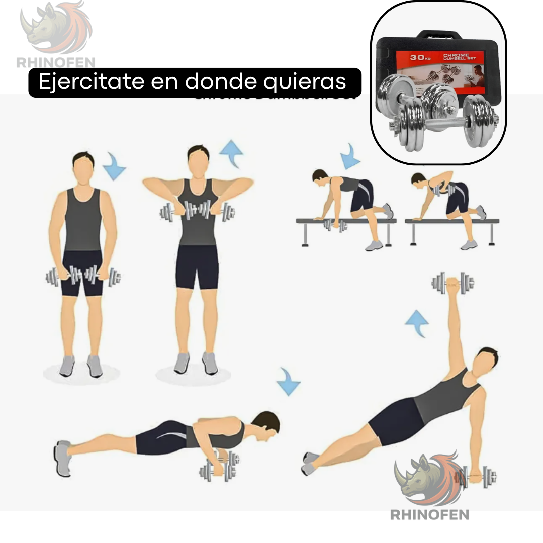 Set Mancuernas De Fierro 30kg Disco Acero Cromado Maleta