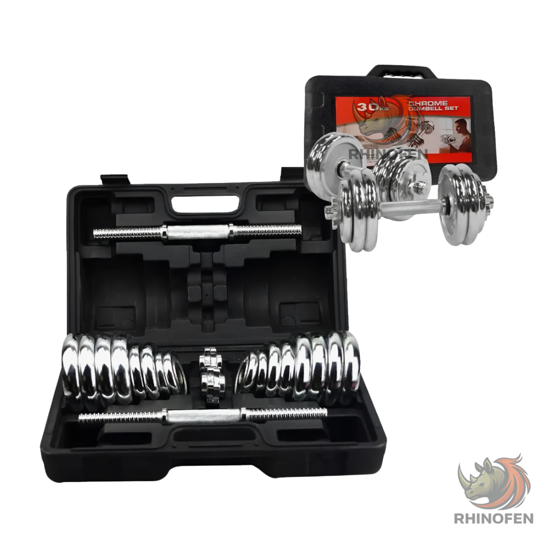 Set Mancuernas De Fierro 30kg Disco Acero Cromado Maleta